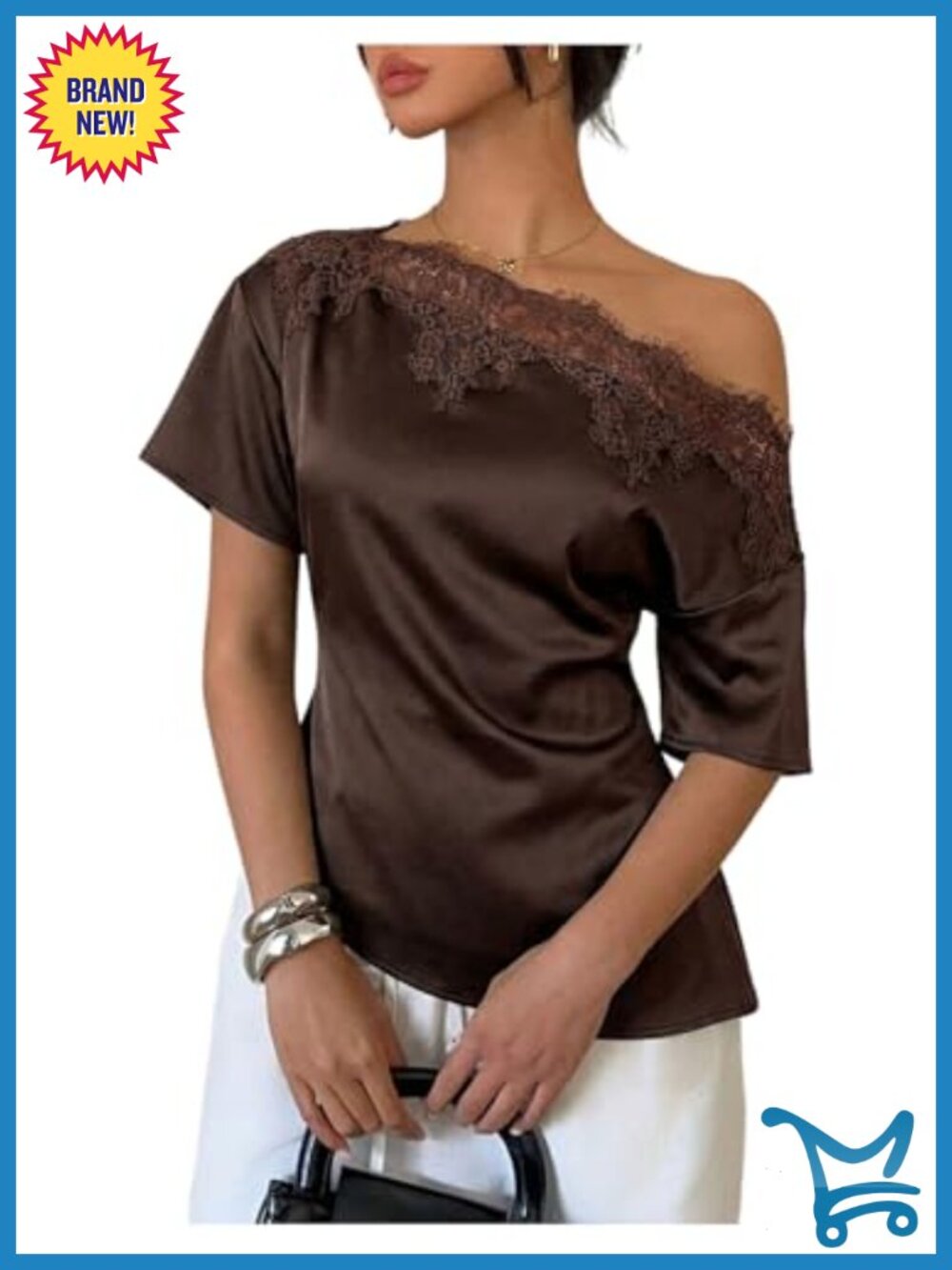 Off Shoulder Lace Asymmetrical Satin Blouse Short Sleeve